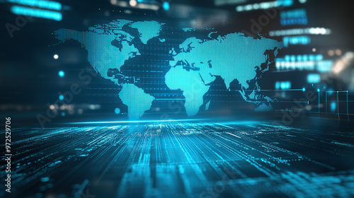 A TV news set background featuring a digital world map, illuminated with bright lights and modern graphics. The design conveys a global perspective, perfect for international news broadcasts and live 