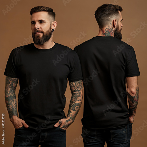 Mockup of a black t-shirt on a man, showing both front and back views. The plain t-shirt design is showcased with realistic folds and fabric texture, perfect for branding or apparel design.

