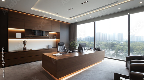 Spacious empty modern office with large windows offering a panoramic city view. The minimalist design and bright natural light create a professional, open, and sleek work environment.

