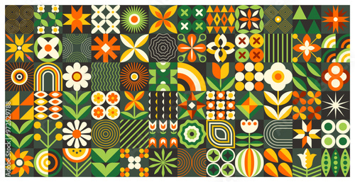 Pattern geometric flower. Abstract nature, vintage leaf. Floral poster bauhaus style, beauty, retro garden. Farm agriculture summer, spring, autumn mosaic. Vector botanical contemporary ornament