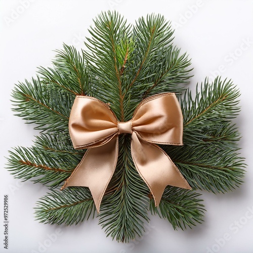Festive tree limb adorned with bow isolated on wite background 