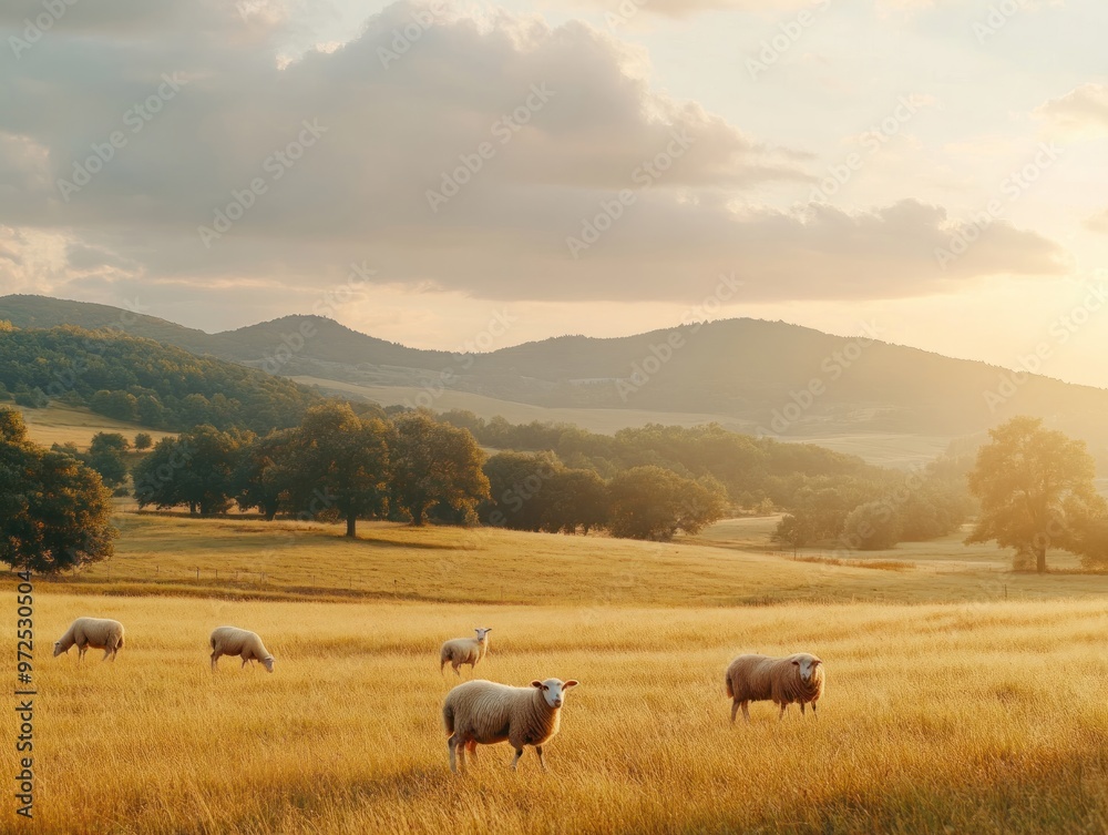 Obraz premium A serene landscape featuring sheep grazing in a golden field during sunset.