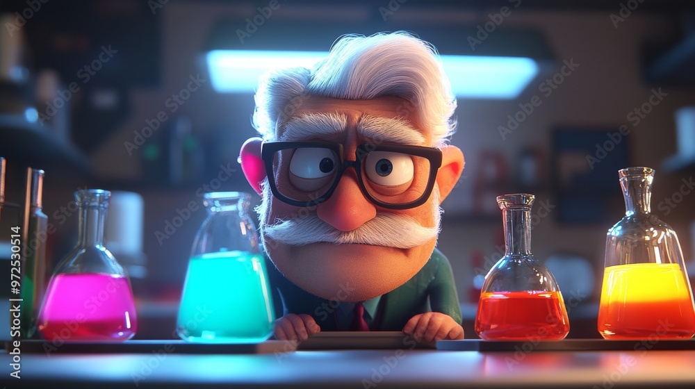 A cartoon character of a mad scientist or a crazy professor in a science lab. A cartoon character of a mad scientist or a crazy professor in a science lab.