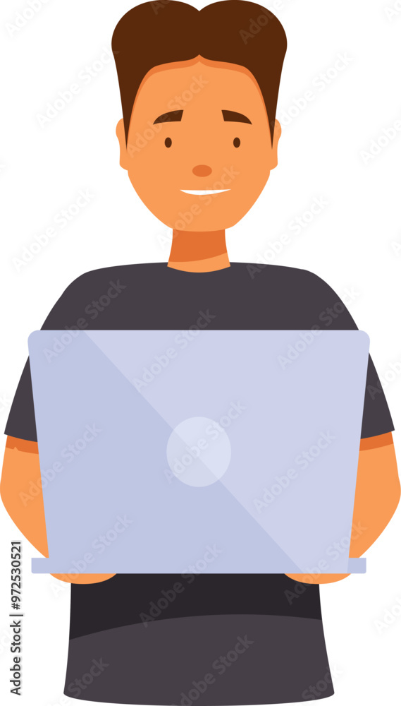 Young adult man is holding an open laptop computer while smiling slightly Young adult man is holding an open laptop computer while smiling slightly