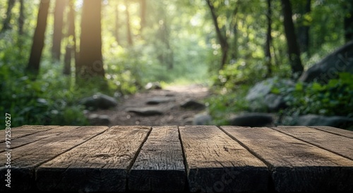 A serene forest path illuminated by sunlight, with a wooden surface in the foreground.