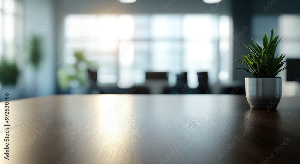 A close-up of a wooden table with a small plant and a blurred office background. A close-up of a wooden table with a small plant and a blurred office background.