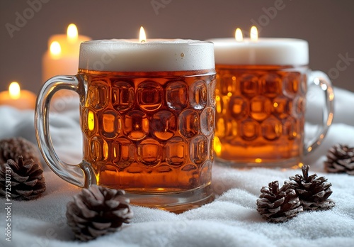  Two frosty mugs of beer sit beside candles and pine cones.