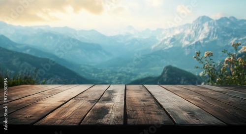 Scenic mountain view with a wooden table in the foreground.