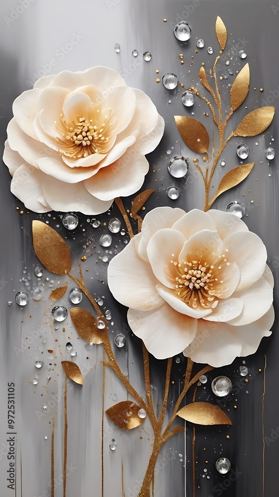 White Flowers with Golden Leaves and Water Droplets - Elegant Floral Art White Flowers with Golden Leaves and Water Droplets - Elegant Floral Art