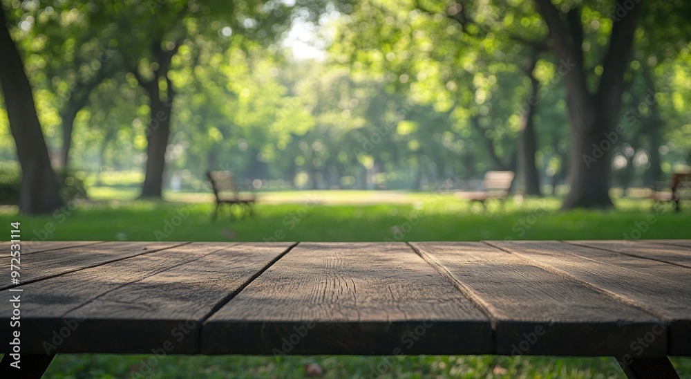 A wooden table in a lush park, surrounded by trees and distant benches. A wooden table in a lush park, surrounded by trees and distant benches.