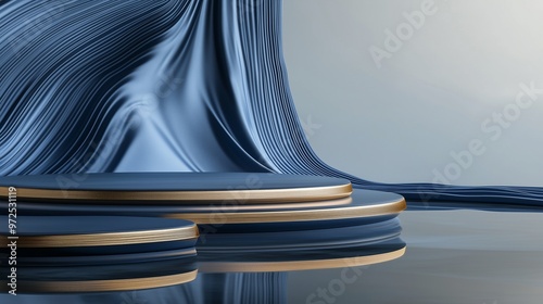 A podium cloaked in luxurious blue silk, delicately striped with gold, placed on a sleek, polished floor that reflects the whole scene. The smooth wall completes the refined, minimalist setting.