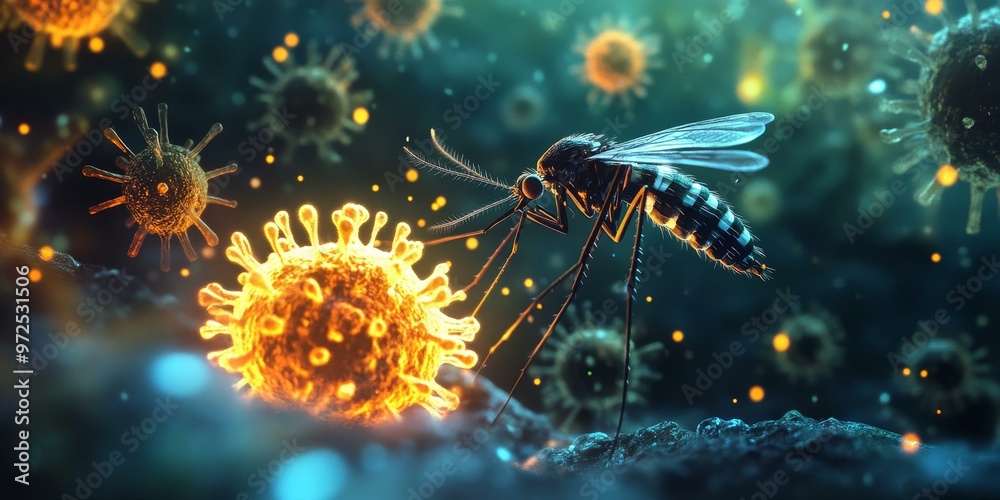 Naklejka premium Mosquito and virus in dark background.