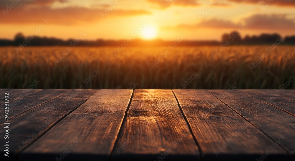 A wooden table foreground with a sunset over a golden field in the background.