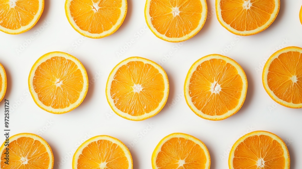 Freshly sliced oranges arranged in rows on a white background. Freshly sliced oranges arranged in rows on a white background.