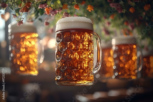  Beer mugs suspended from a ceiling adorned with vibrant flowers.