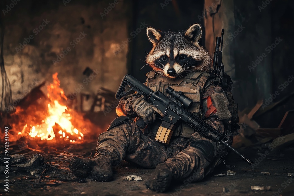 ภาพประกอบสต็อก Beast in an armor with glowing eyes. Racoon in body ...