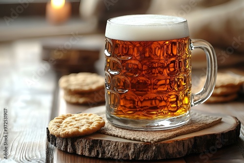  A glass of beer resting on a rustic wooden table.