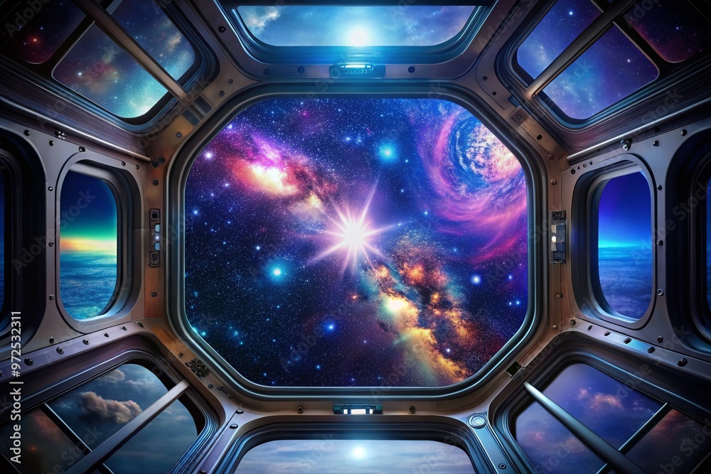 Cosmic view of starry galaxy through a futuristic spacecraft window, with vibrant blue and purple hues illuminating the