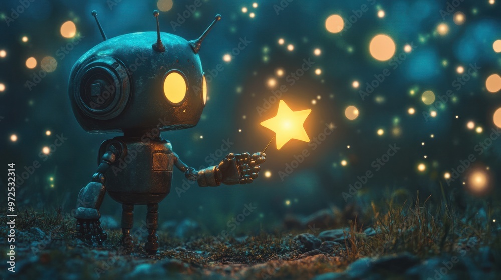 Naklejka premium A tiny robot handing a glowing star to a friend, with twinkling lights in the background of a night sky