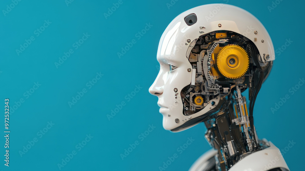 Mechanical gears turning inside a robotic head while it processes real-time stock data, [precision]