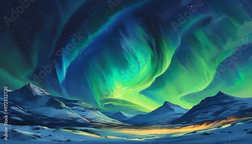 Gorgeous auroras twinkled in the night sky, reflecting a mysterious green light. The background was a continuous mountain range, like a dreamlike scene. photo