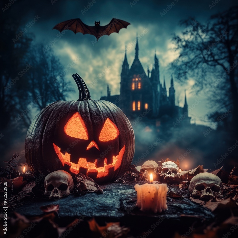 Spooky jack-o'-lantern in front of haunted castle Spooky jack-o'-lantern in front of haunted castle