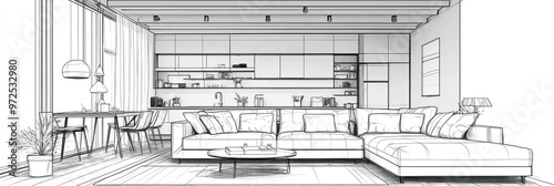 Line interior home art room design illustration outline sketch furniture  photo