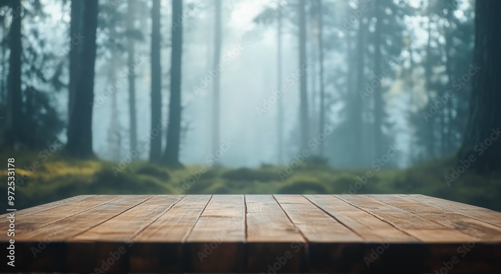 A wooden table in a misty forest, creating a serene atmosphere for gatherings or displays. A wooden table in a misty forest, creating a serene atmosphere for gatherings or displays.