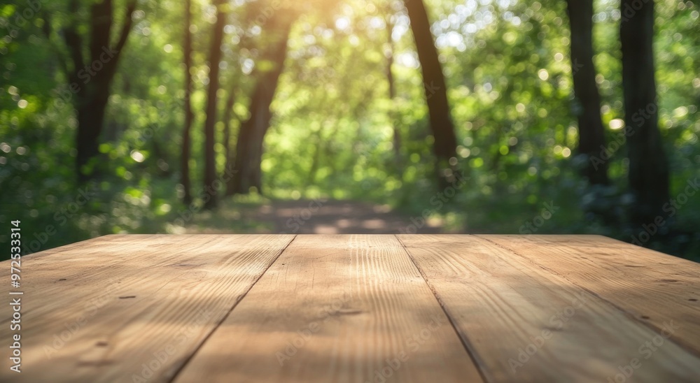 A wooden table in a sunlit forest, inviting a serene outdoor experience.