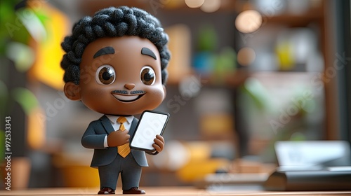 Wallpaper Mural 3d render funny african cartoon character flexible hand wears re3d suit holds smartphone with blank screen wireless technology concept business clip art isolate3d on transparent background Torontodigital.ca