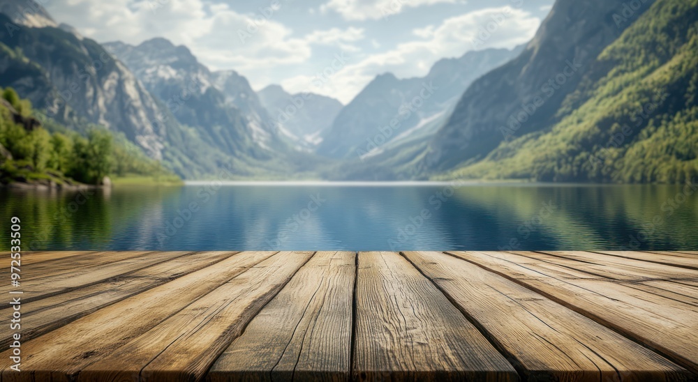 Scenic lake view with mountains and wooden deck in the foreground. Scenic lake view with mountains and wooden deck in the foreground.