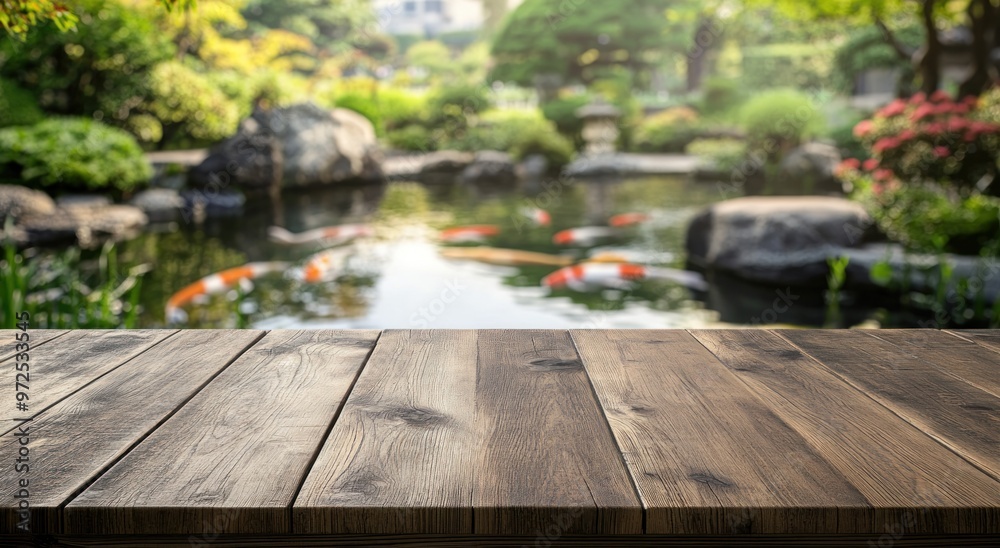 A serene garden view with a wooden table in the foreground and a pond filled with koi fish. A serene garden view with a wooden table in the foreground and a pond filled with koi fish.
