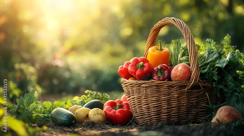 A wicker basket full of fresh produce in a garden setting. A wicker basket full of fresh produce in a garden setting.