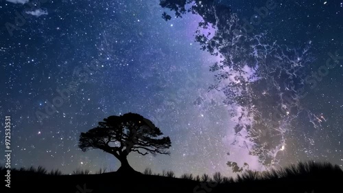 Lone tree silhouette under a starry night sky with the Milky Way
 photo