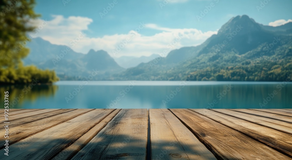 Scenic view of mountains and lake from a wooden deck, evoking tranquility and nature. Scenic view of mountains and lake from a wooden deck, evoking tranquility and nature.