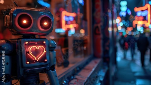 Wallpaper Mural A charming robot with heart-shaped eyes and a chest display sits amidst a sea of ​​bokeh lights. Torontodigital.ca
