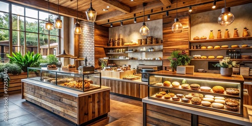 Cozy coffee shop interior with warm lighting, wooden accents, and inviting atmosphere, featuring a bustling counter and