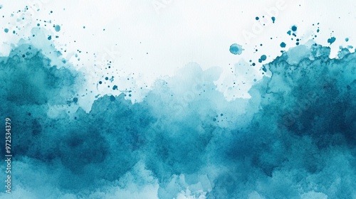 Ethereal teal watercolor background - Soft dreamy turquoise blue abstract cloudy texture with ink splatters, perfect for calming spa, wellness, ocean or beach themed projects and designs photo