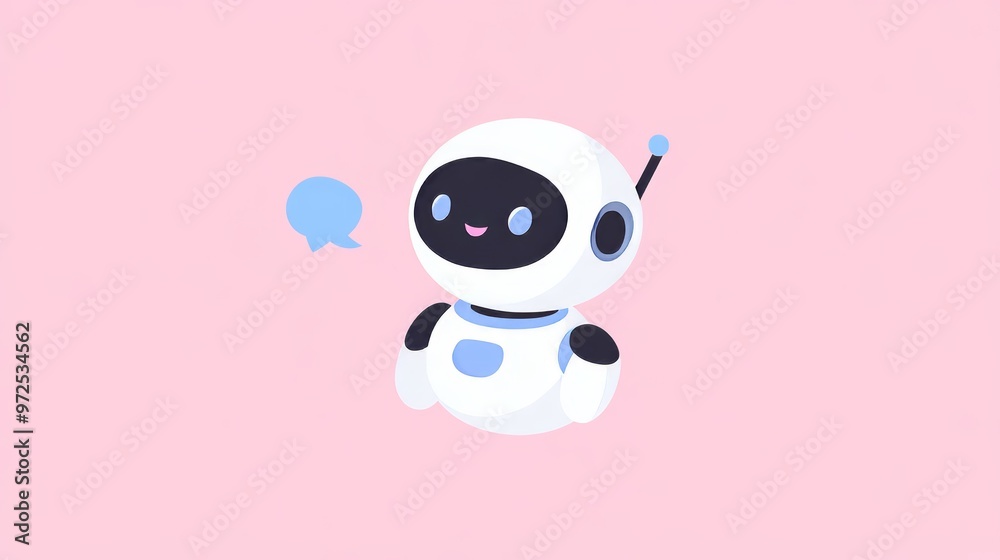 Modern chatbot illustration - AI robot character with speech bubbles in semi-flat design on light pink background