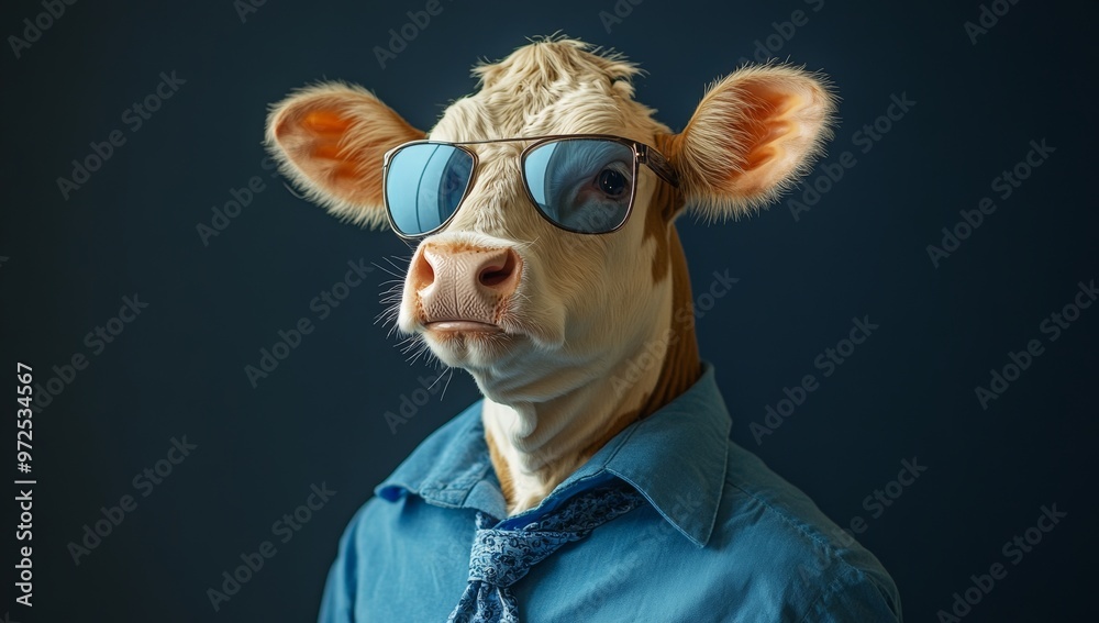 Naklejka premium In this text generative AI design, we depict a funky cow wearing sunglasses, a funky jacket and a blue tie on a seamless dark blue background.