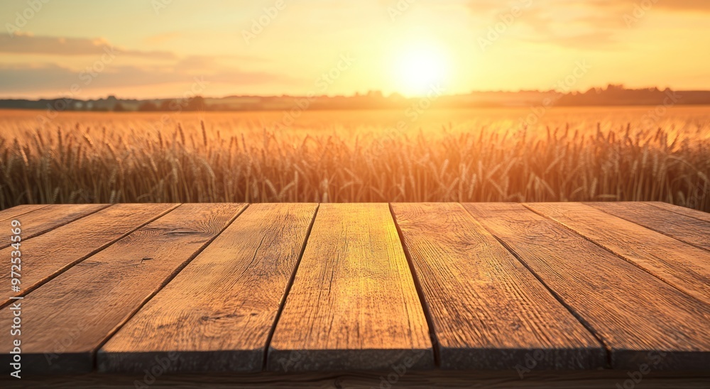 A wooden table in front of a golden wheat field at sunset, evoking tranquility and nature.