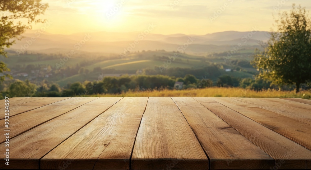 Scenic view of a sunset over rolling hills with a wooden tabletop in the foreground. Scenic view of a sunset over rolling hills with a wooden tabletop in the foreground.