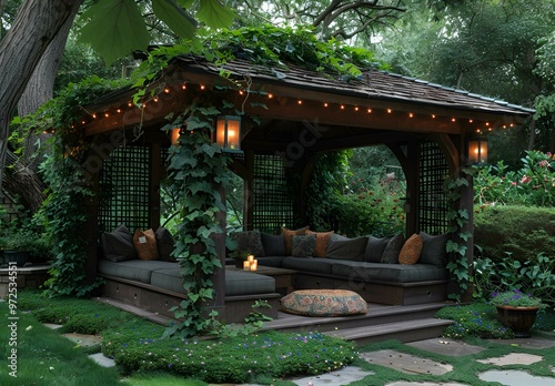  A cozy gazebo featuring a comfortable couch and a warm fire pit.