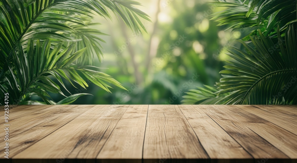 A wooden table in a lush green environment with tropical plants in the background. A wooden table in a lush green environment with tropical plants in the background.