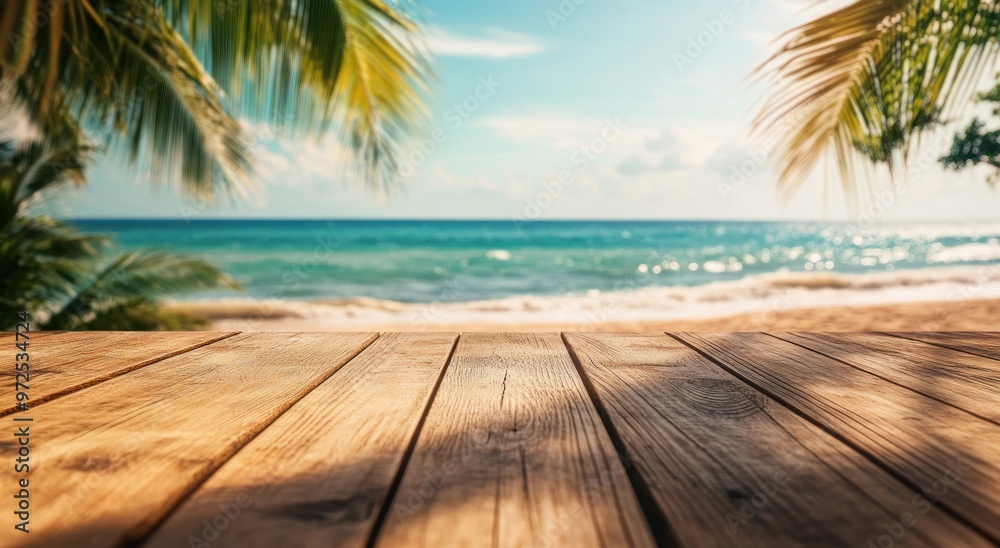 A serene beach scene with palm trees and a wooden deck overlooking the ocean. A serene beach scene with palm trees and a wooden deck overlooking the ocean.