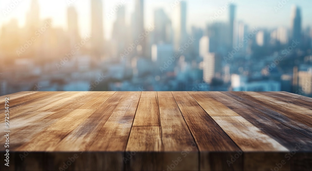 A wooden table in the foreground with a blurred city skyline in the background. A wooden table in the foreground with a blurred city skyline in the background.