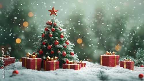 3d render green christmas tree cartoon character with mannequin legs stands near wrappe3d gift boxes minimal seasonal clip art unique toy