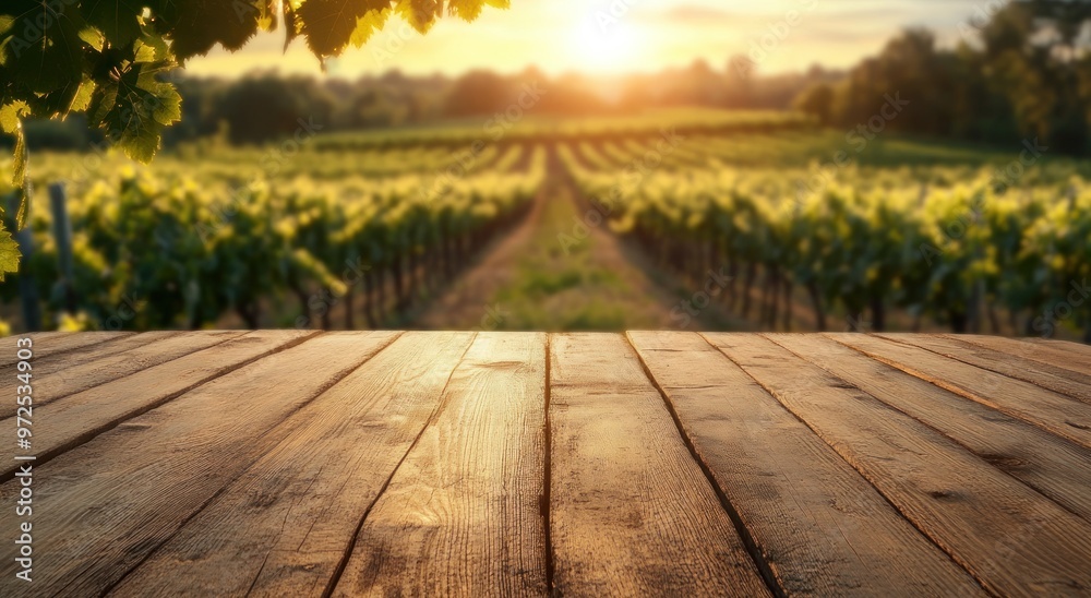 A serene vineyard landscape at sunset, showcasing rows of grapevines and a wooden table. A serene vineyard landscape at sunset, showcasing rows of grapevines and a wooden table.