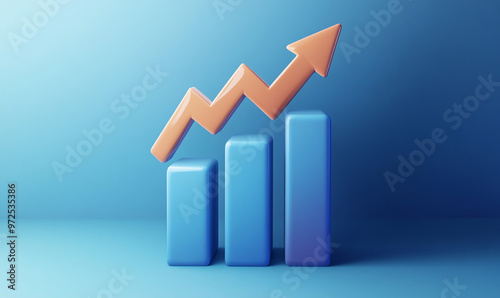 A 3D icon of business growth chart with clear upward trend, featuring blue bars and an orange arrow, symbolizing success and progress