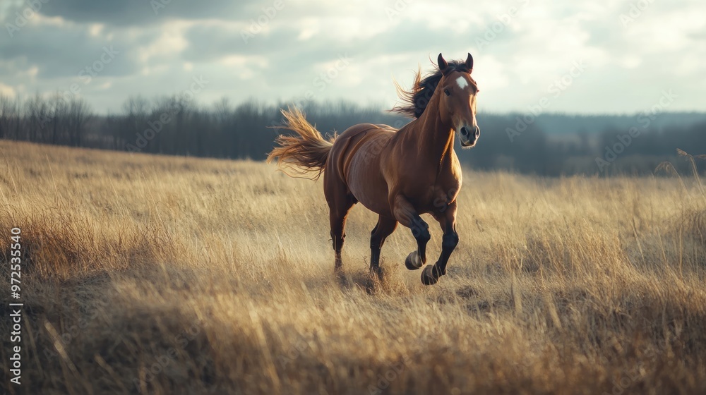 A horse galloping through a golden field under a cloudy sky. A horse galloping through a golden field under a cloudy sky.